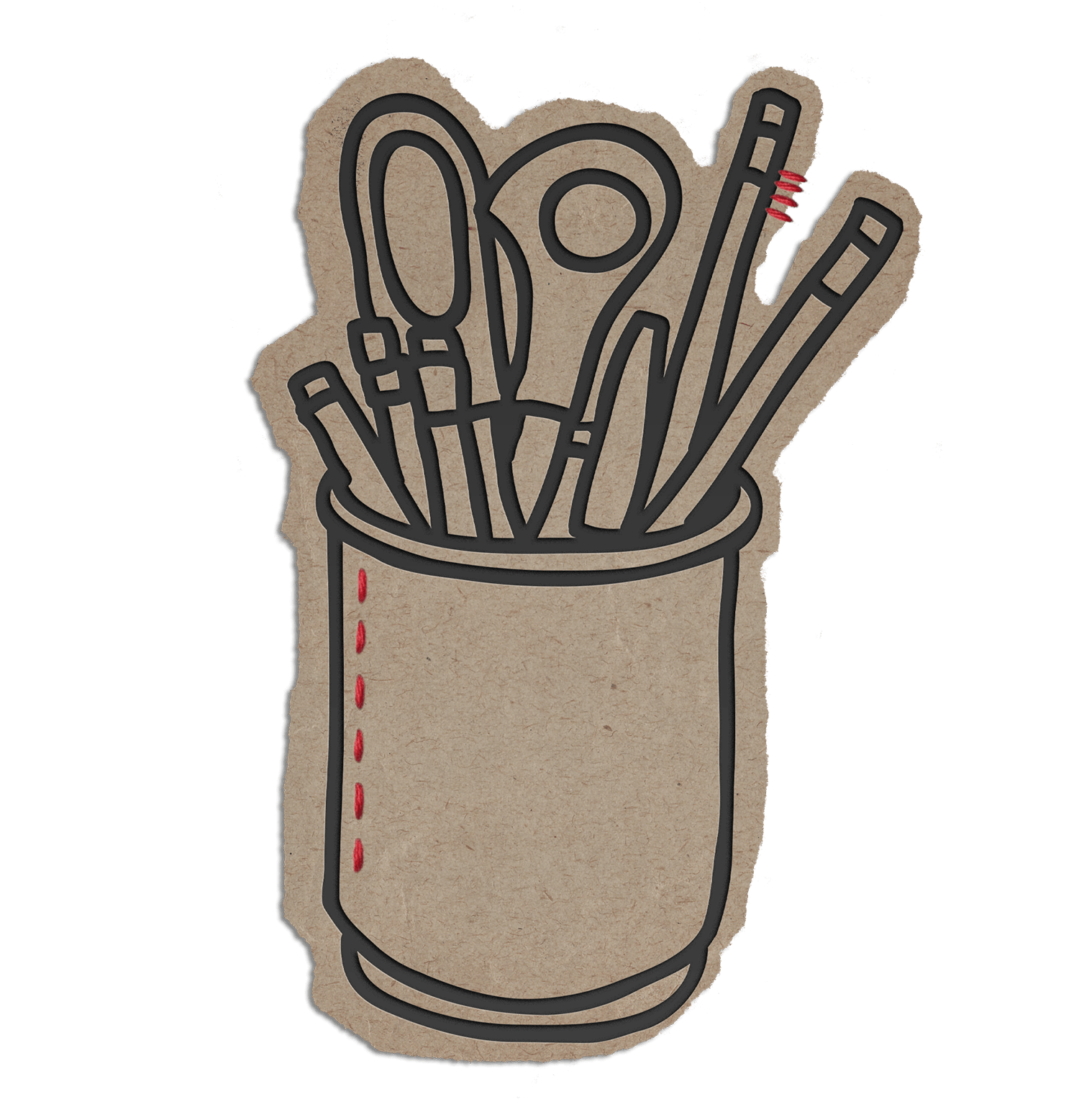 Illustration of a cup filled with pencils, markers, and scissors on brown paper texture.