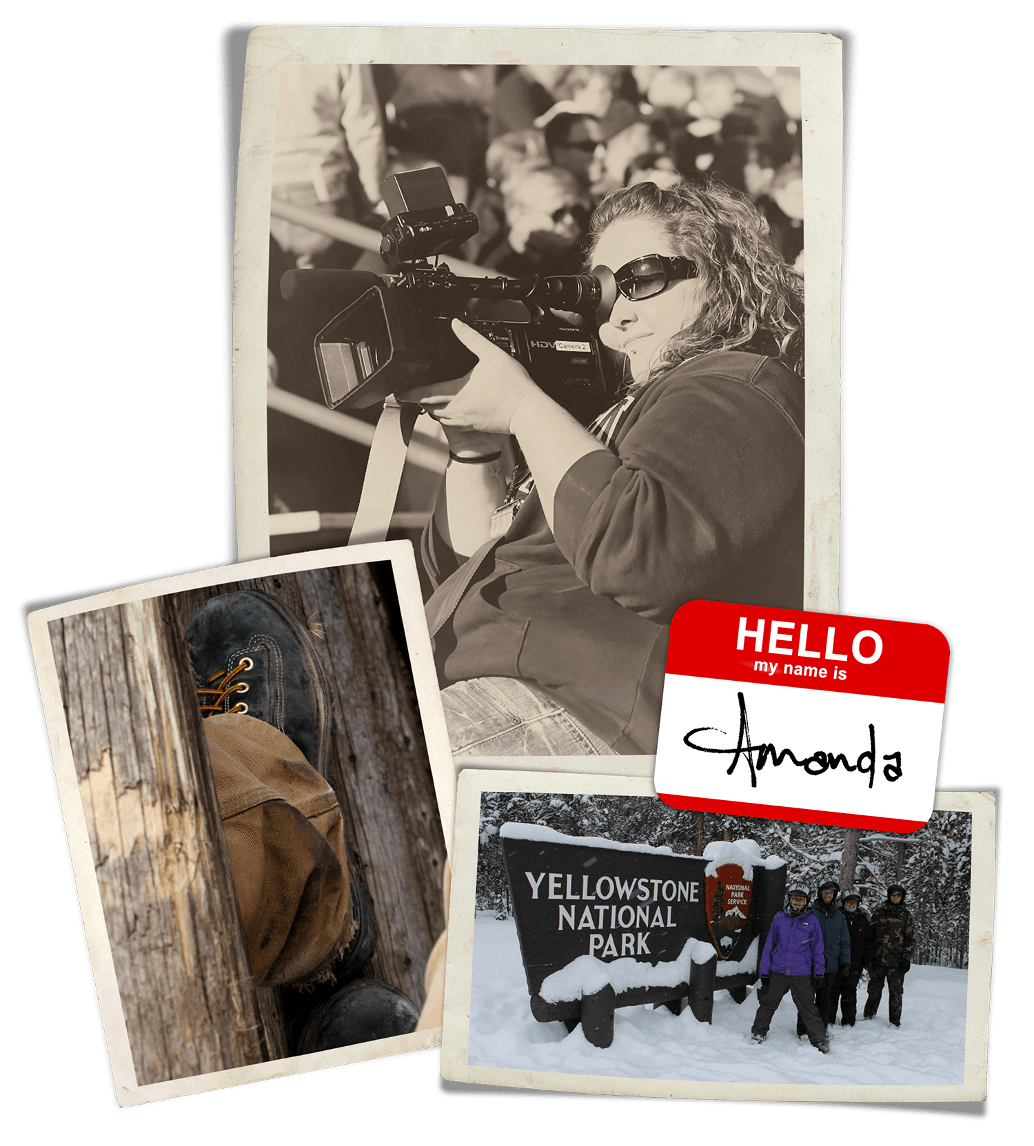 A collage of three photographs: a portrait of Amanda Determan holding a video camera, a photograph of a pair of boots on a corral fence, and a portrait of four people standing near the entrance to Yellowstone National Park.