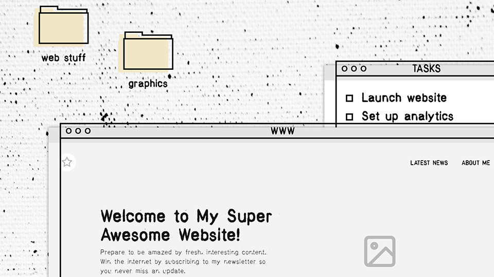 Illustration of a retro computer desktop with a variety of windows open.